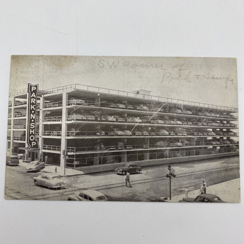 Vintage Tampa FL Postcard Park 'N Shop Parking Garage‎ Downtown Unposted